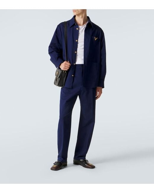 Valentino Blue Cotton Gabardine Straight Pants for men