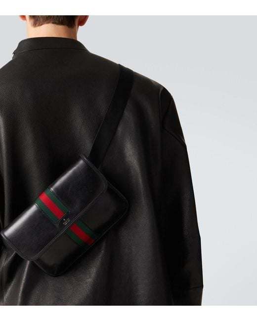 Gucci Black Web Trademark Small Leather Belt Bag for men