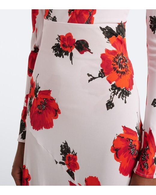 Alaïa Red Floral Asymmetric Jersey Midi Skirt