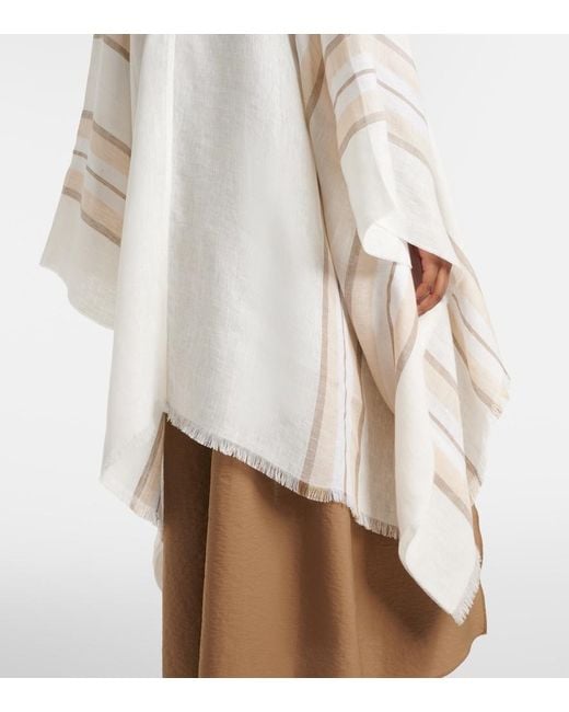 Brunello Cucinelli White Striped Linen, Cashmere, And Silk Poncho