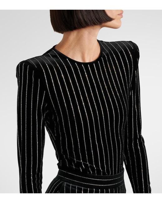 Alex Perry Black Crystal-Embellished Pinstripe Velvet Bodysuit