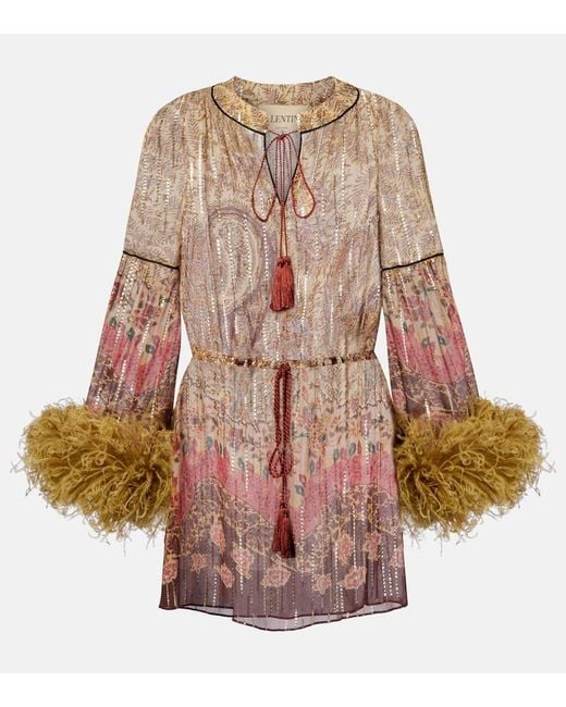 Valentino Multicolor Paisley Feather-Trimmed Silk-Blend Blouse