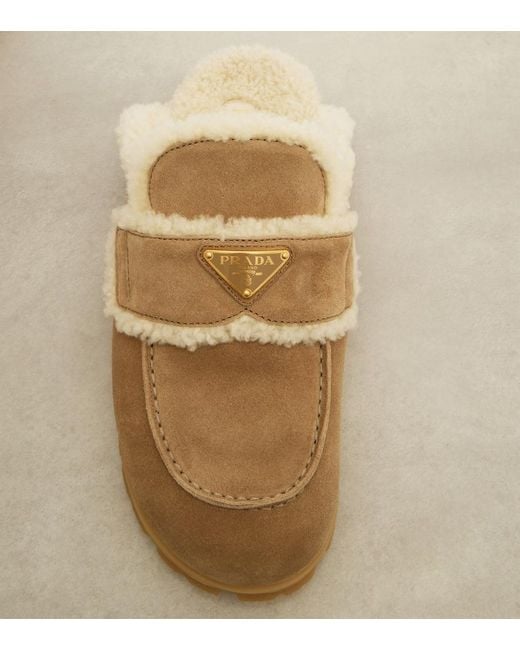 Prada Natural Shearling-Lined Suede Mules