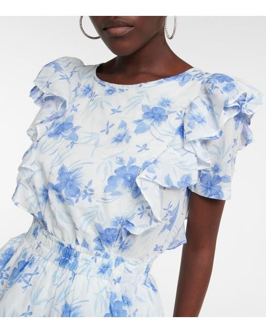 LoveShackFancy Blue Natasha Tiered Floral-print Cotton Swiss-dot Mini Dress