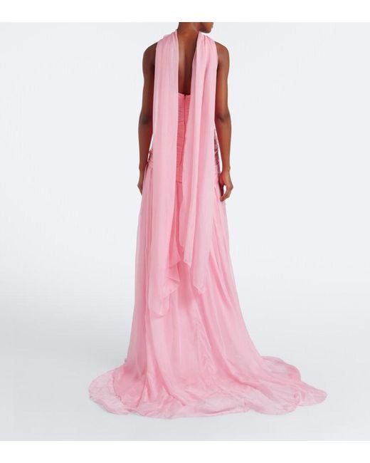 Monique Lhuillier Pink Scarf-Detail Draped Silk Bustier Gown