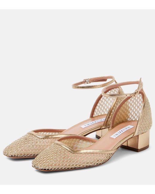 Aquazzura Natural Asha 35 Leather-Trimmed Mesh Pumps