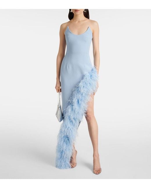 David Koma Blue Asymmetric Feather-Trimmed Cocktail Dress