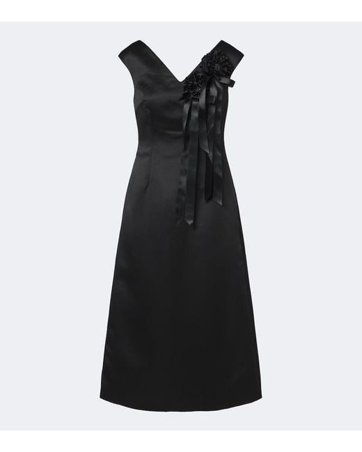 Simone Rocha Black Floral-Applique Satin Midi Dress