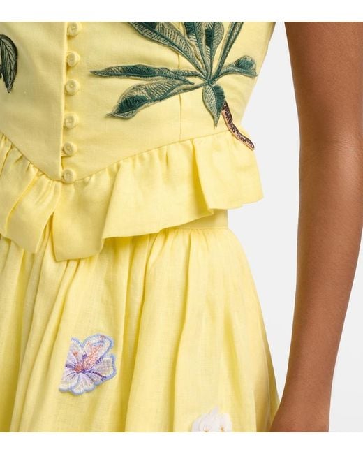 Agua Bendita Yellow Eslabon Floral-Applique Linen Crop Top