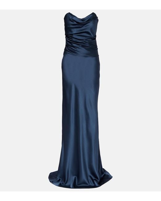 The Sei Blue Ruched Strapless Silk Satin Corset Dress