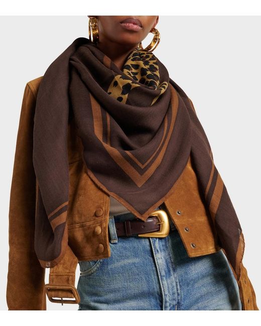 Saint Laurent Brown Cassandre Printed Wool Twill Scarf