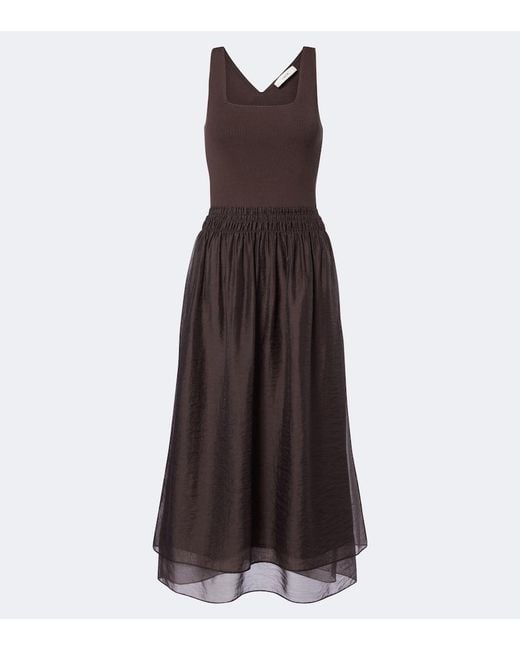 Vince Brown Shirred Ribbed-Knit Midi Dress