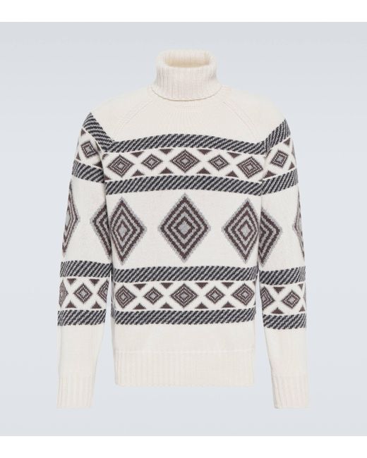 Brunello Cucinelli White " Jacquard" Turtleneck Sweater for men