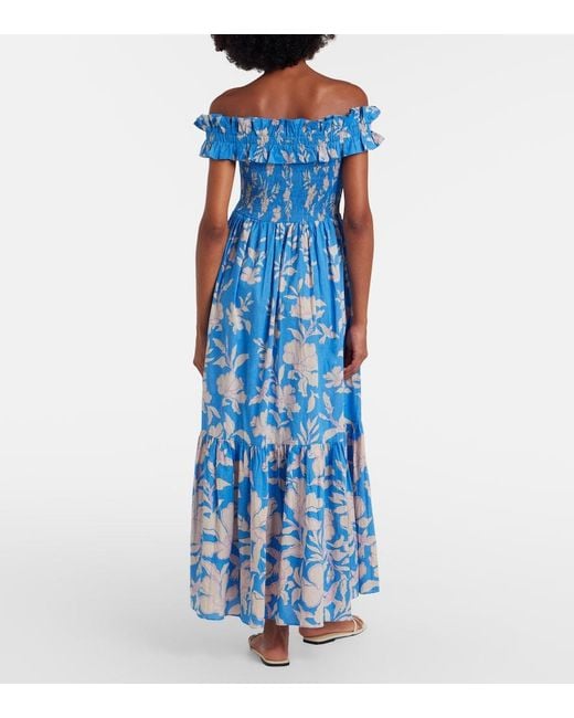 Poupette Blue Suzanne Shirred Cotton Muslin Maxi Dress