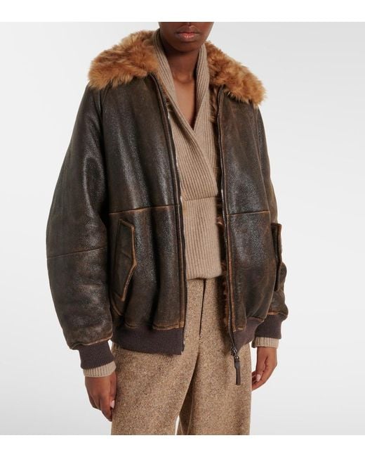 Brunello Cucinelli Brown Monili Shearling-Trimmed Leather Blouson Jacket