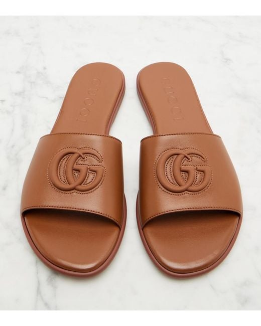 Gucci Brown Double G Leather Slides