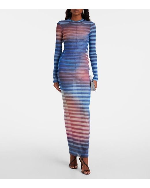 Jean Paul Gaultier Blue Air Striped Tulle Maxi Dress