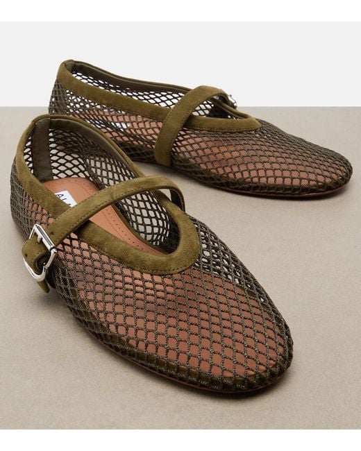 Alaïa Brown Suede-Trimmed Fishnet Ballet Flats