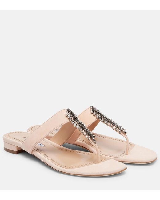 Manolo Blahnik Pink Bizaba Embellished Suede Thong Sandals