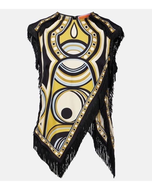 LaDoubleJ Black Scarf Fringed Printed Silk Voile Top