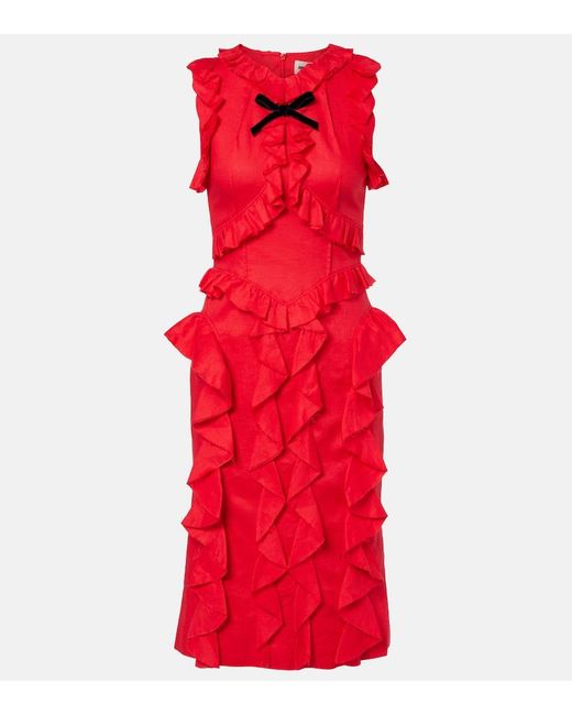 ShuShu/Tong Red Bow-Detail Ruffled Linen Midi Dress