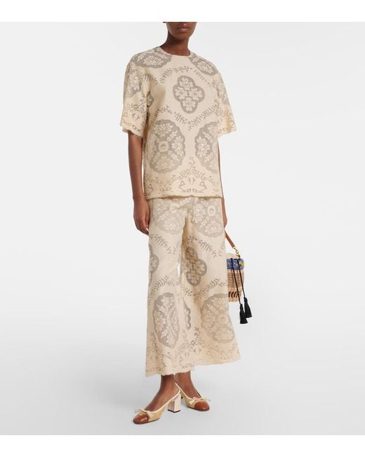 Valentino Natural Embroidered Cotton-Blend Wide-Leg Pants