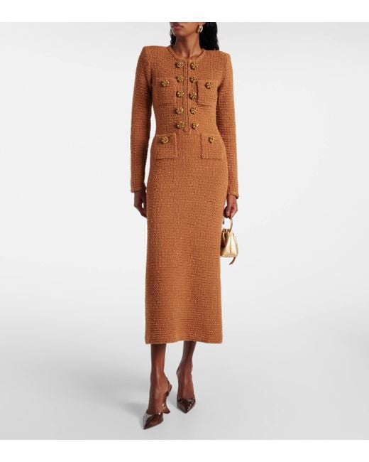 Self-Portrait Brown Waffle-knit Embellished Midi Dress