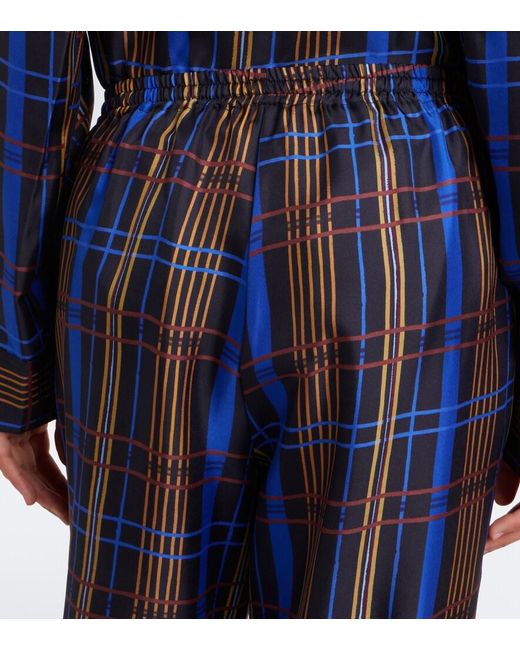 Asceno Blue Aurelia Plaid Silk Twill Wide-Leg Pants