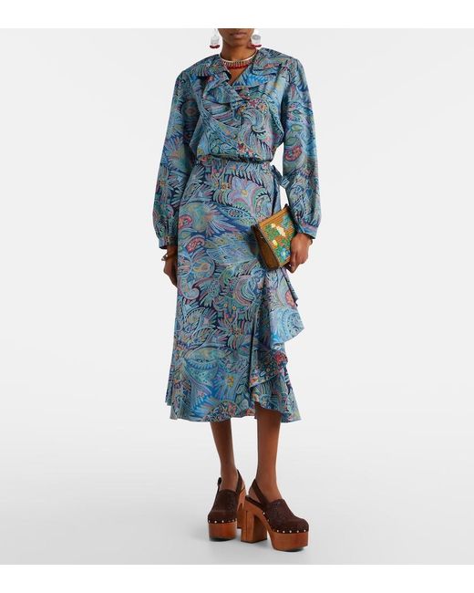 Etro Blue Paisley Ruffled Cotton-Blend Blouse