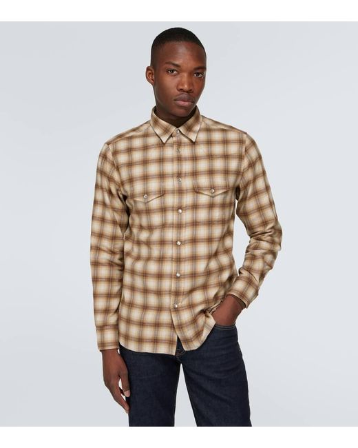 Tom Ford Brown Checked Cotton Blend Oxford Shirt for men