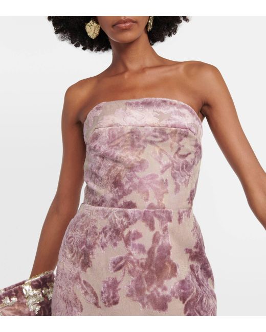 Dries Van Noten Purple Floral Strapless Velvet Midi Dress