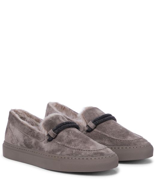 Brunello Cucinelli Shearling Lined Suede Loafers in Grey (Gray) - Lyst
