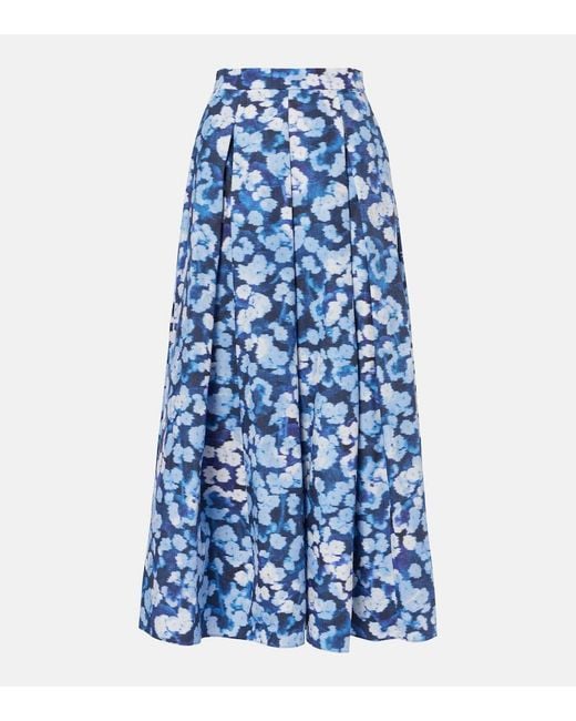 Erdem Blue Floral Pleated Cotton Midi Skirt