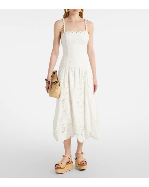 Vestido Midi En Mezcla De Lino Con Bordado Ingles Farm Rio de color White