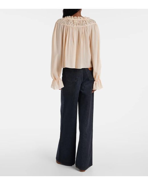 Chloé Natural Shirred Cropped Lace-Trimmed Silk Blouse