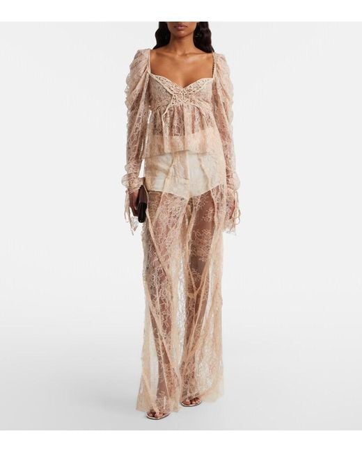 Blumarine White Lace-Trimmed Satin Wide-Leg Pants
