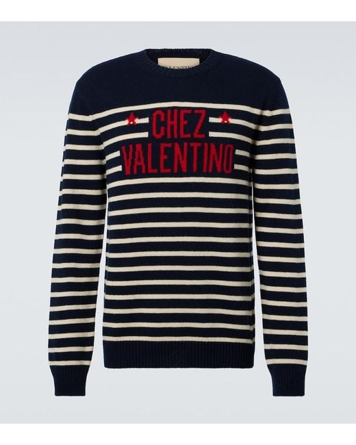Valentino Blue Chez Striped Jacquard Wool Sweater for men