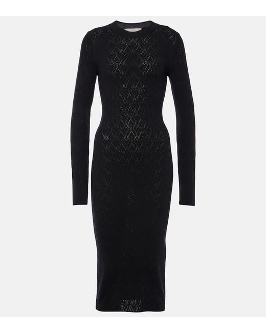 AMI Black Knitted Cotton And Wool Midi Dress