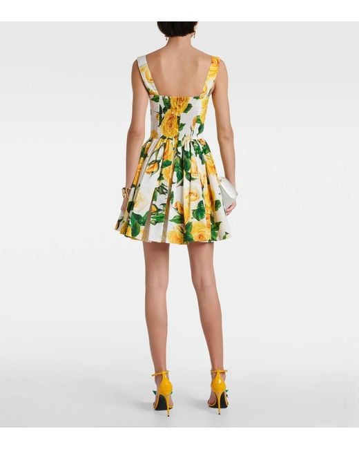 Dolce & Gabbana Yellow Kurzes Bustierkleid Aus Baumwolle Gelbe-Rosen-Print
