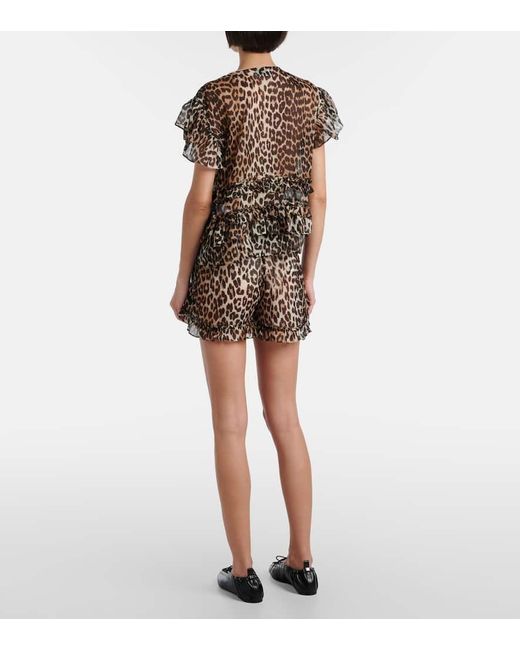 Ganni Gray Leopard-Print Ruffled Chiffon Blouse