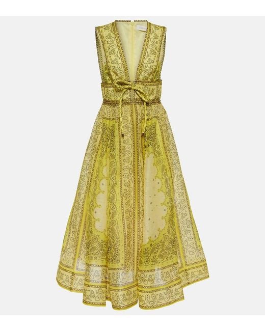 Zimmermann Yellow Kleid aus Leinengemisch mit Bandana-Print