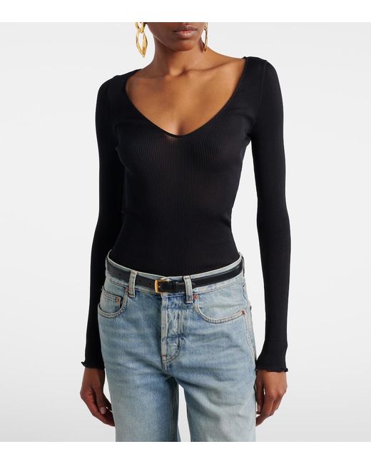 Saint Laurent Black Ribbed-Knit Silk Top