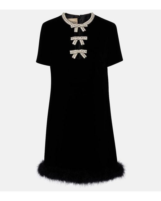 Valentino Black Embellished Feather-Trimmed Velvet Minidress