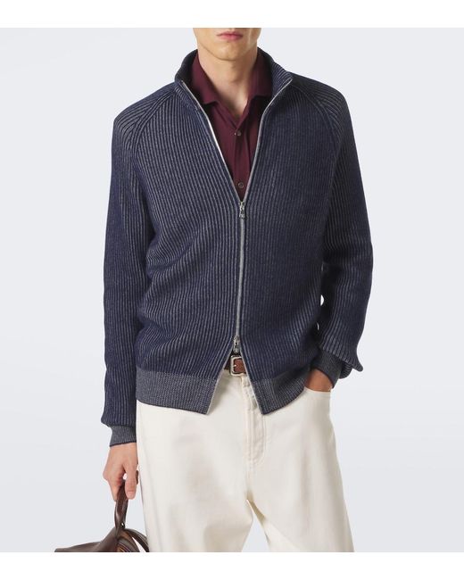 Brunello Cucinelli Blue Ribbed-Knit Zip-Up Cashmere Sweater for men