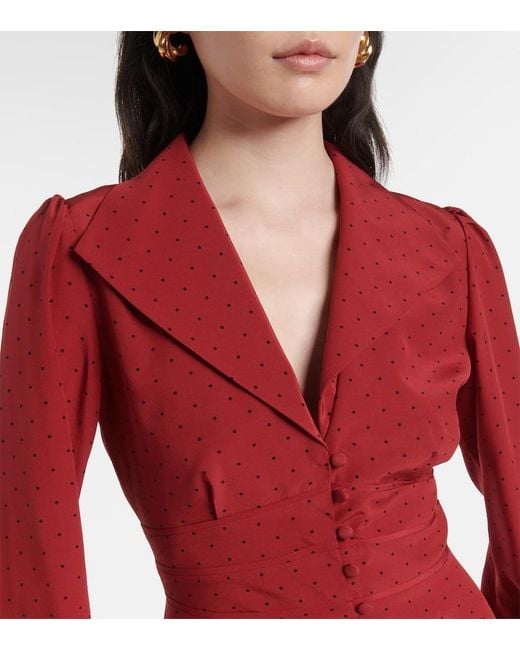 Alessandra Rich Red Polka-Dot Silk Midi Dress