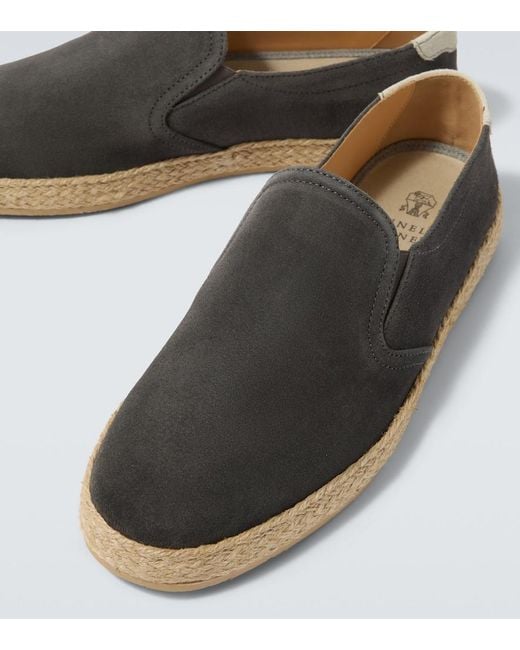 Brunello Cucinelli Brown Jute-Trimmed Suede Slip-On Shoes for men