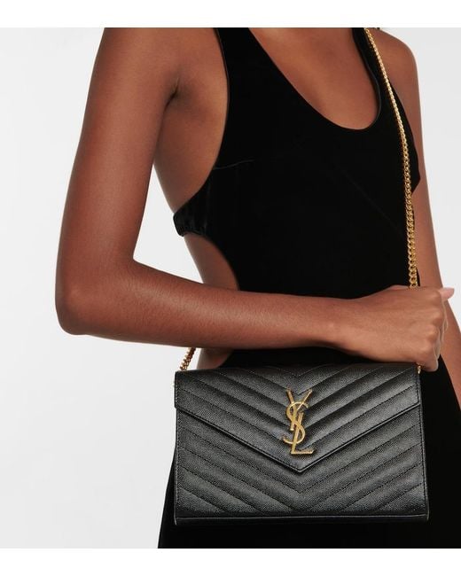 Saint Laurent Black Cassandre Matelasse Leather Wallet On Chain