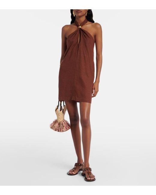 ViX Brown Astera Halterneck Linen-Blend Minidress