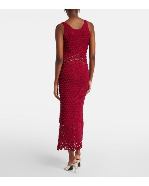 Rabanne Red Embellished Crochet Cotton Midi Dress