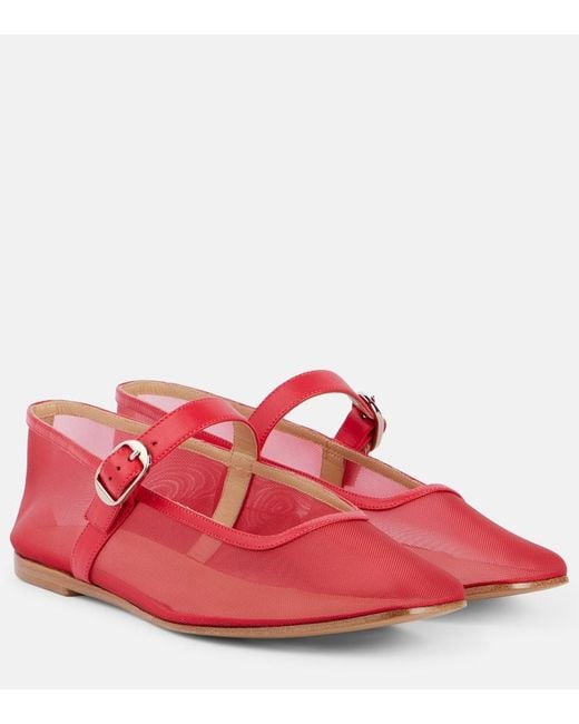Le Monde Beryl Red Leather-Trimmed Mesh Mary Jane Flats
